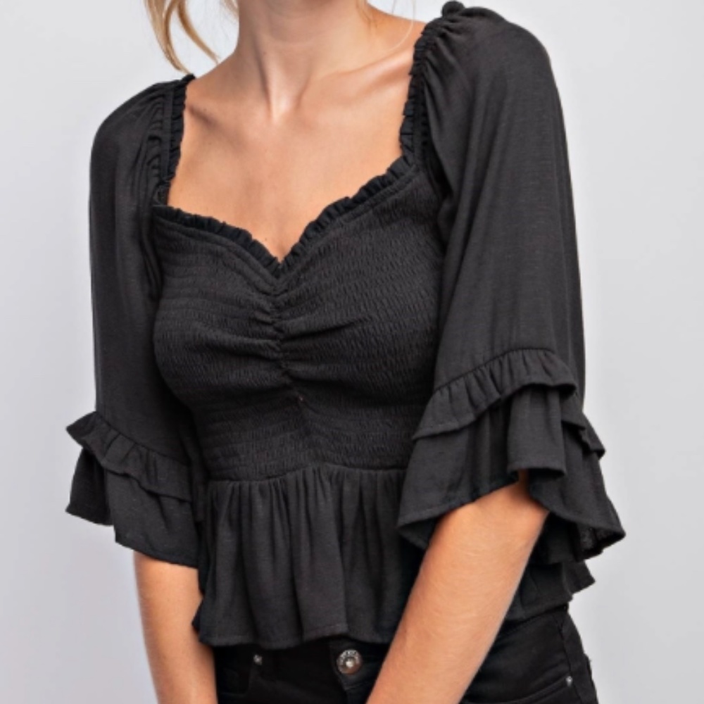"The Sara" Black Sweetheart Neckline Smocked Ruffle Top